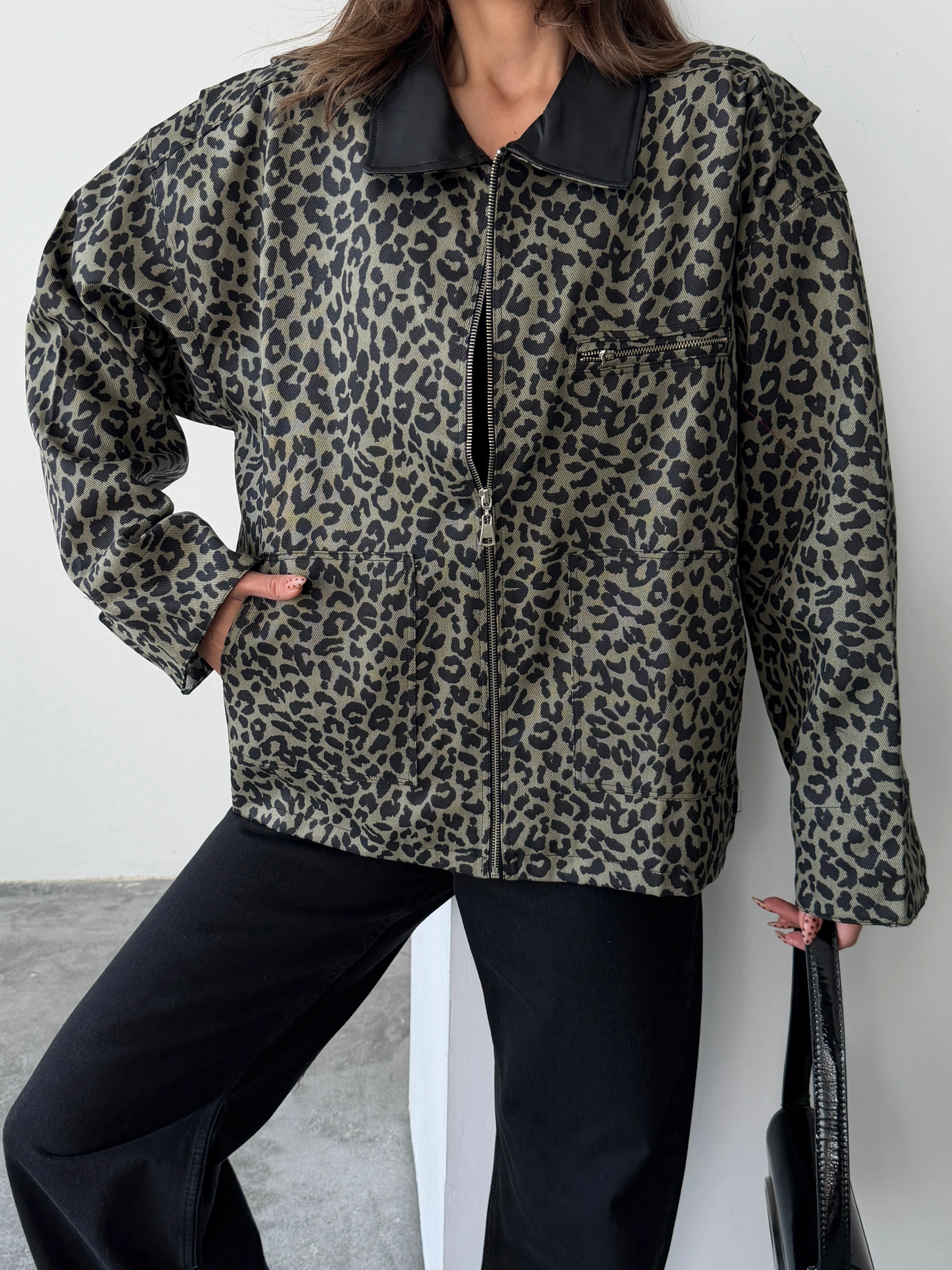 Oversize Leopar Ceket - Haki