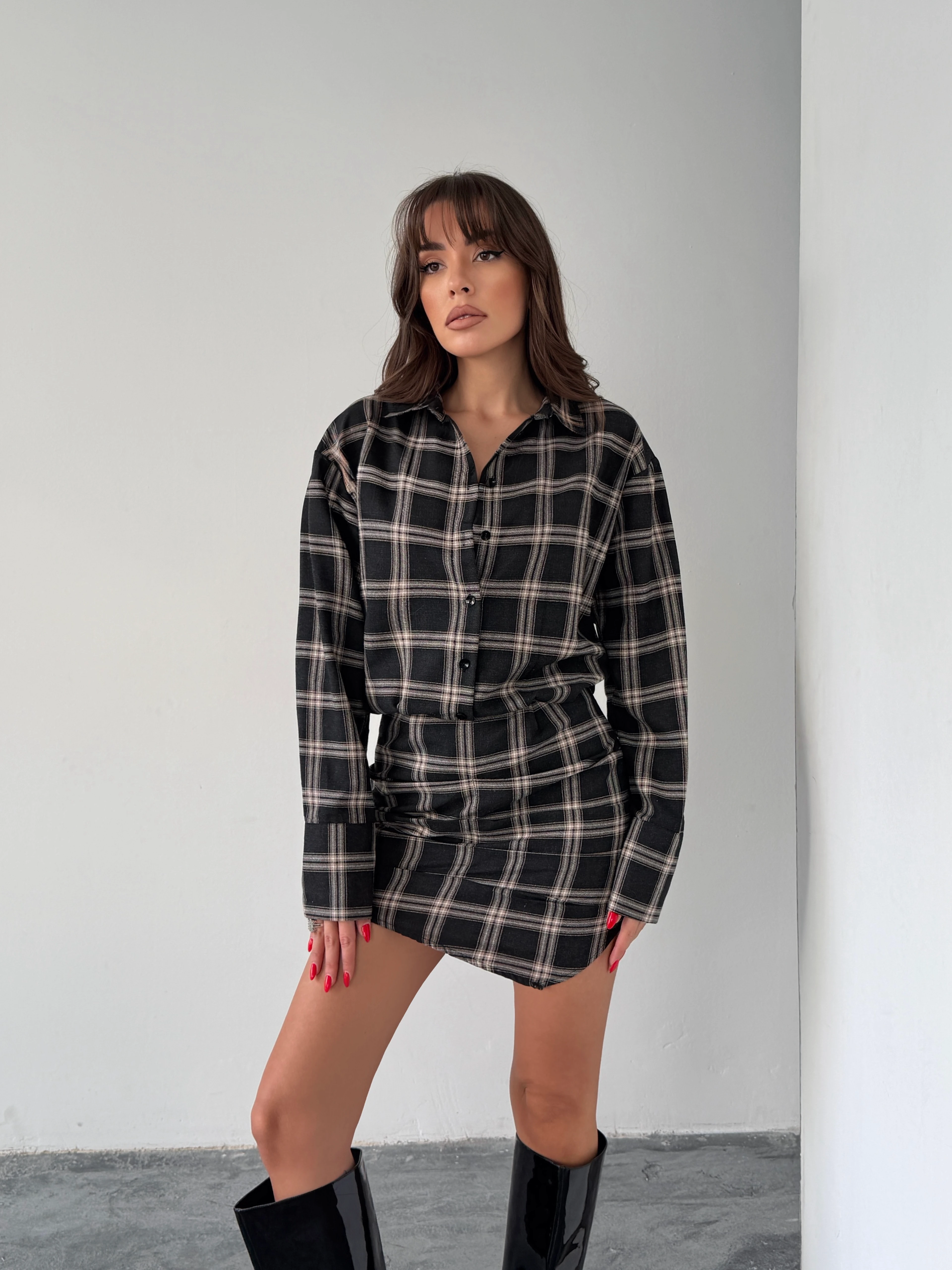 Ekose Gömlek Elbise  - Siyah