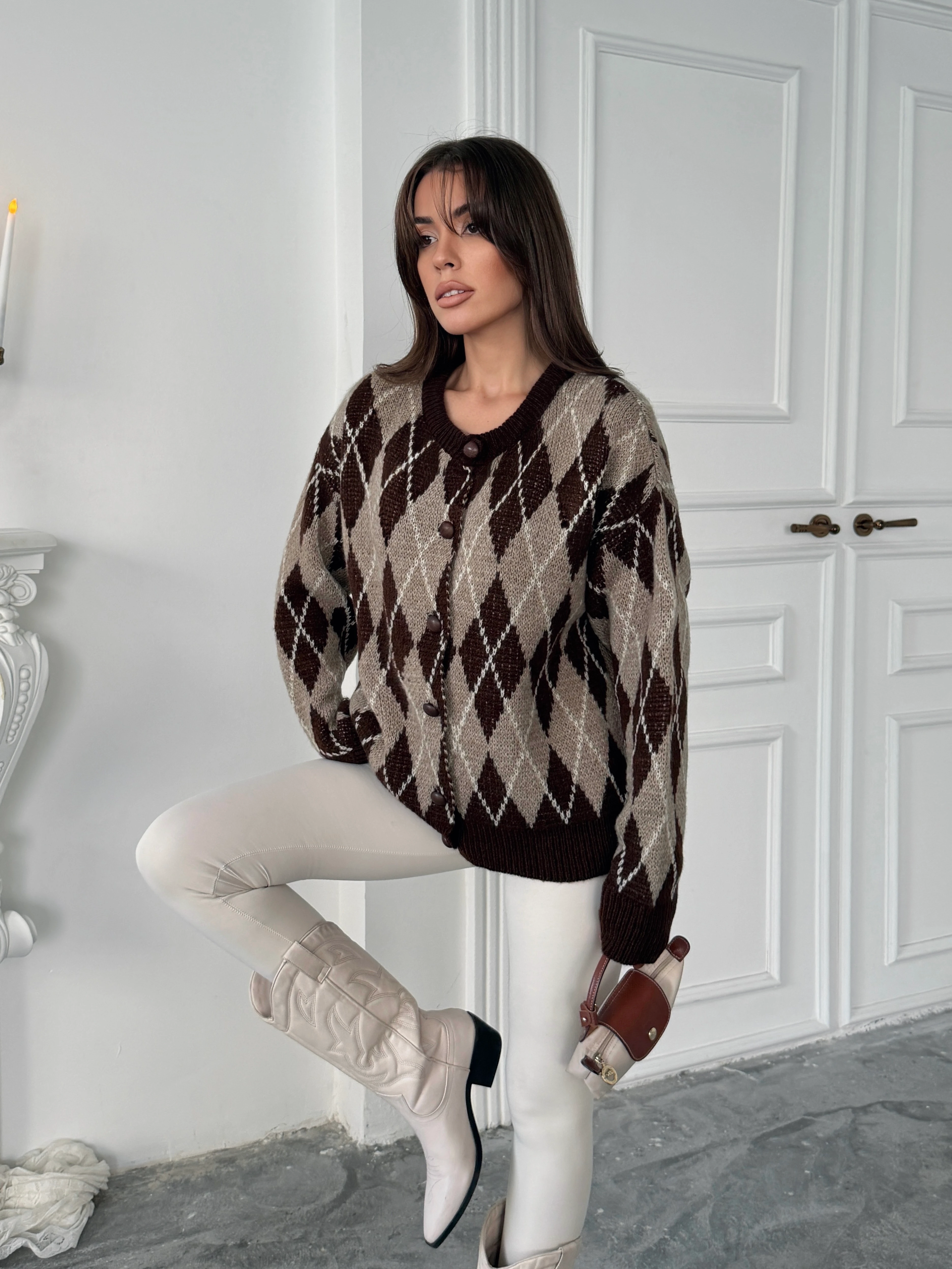 Bisiklet Yaka Baklava Desenli Hırka