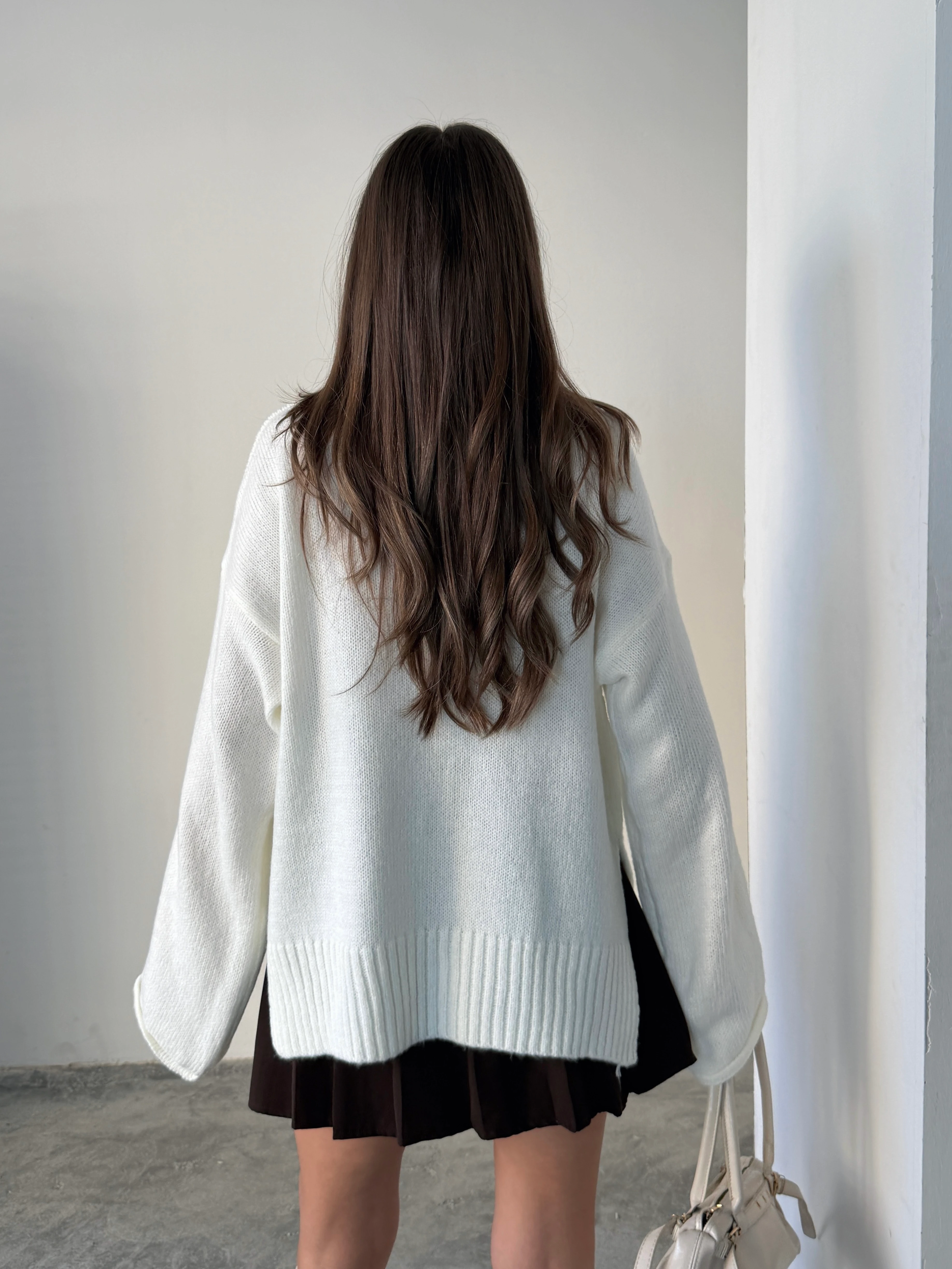 Yırtmaçlı Basic Triko  - Ekru