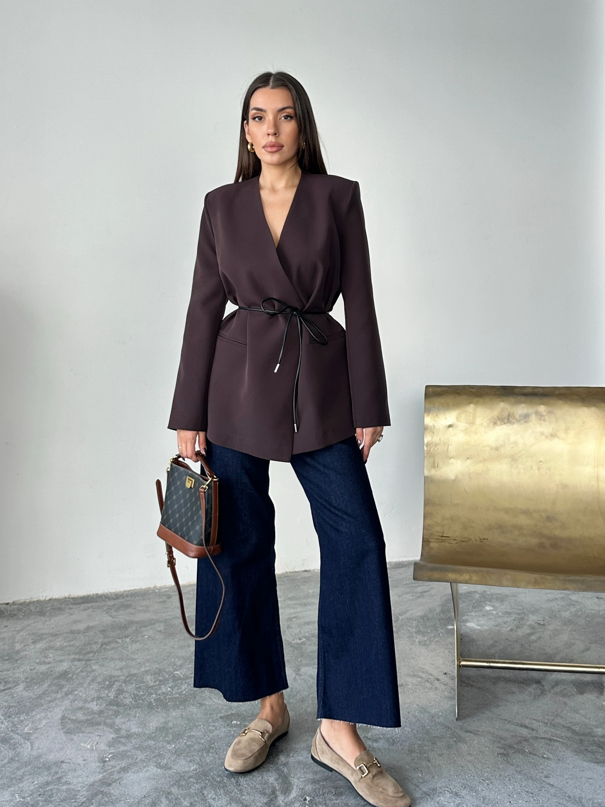 Deri Kemerli Blazer Ceket - Mürdüm