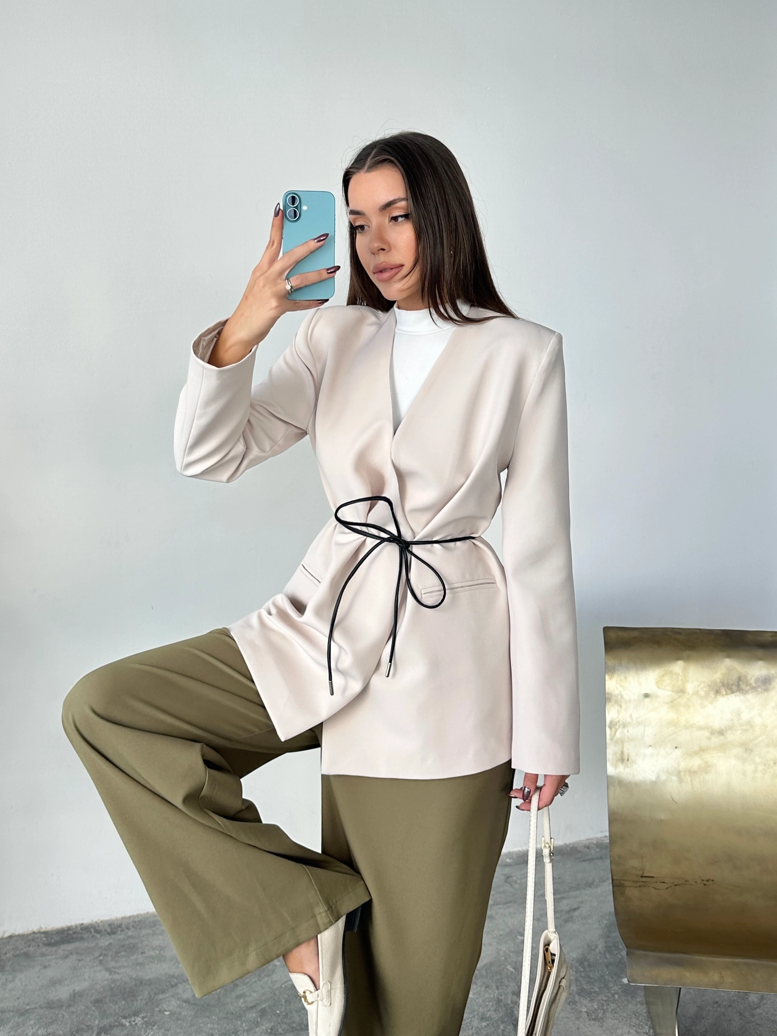 Deri Kemerli Blazer Ceket - Taş