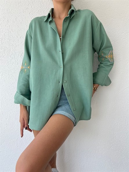 Kol Nakış İşleme Oversize Keten Gömlek Mint