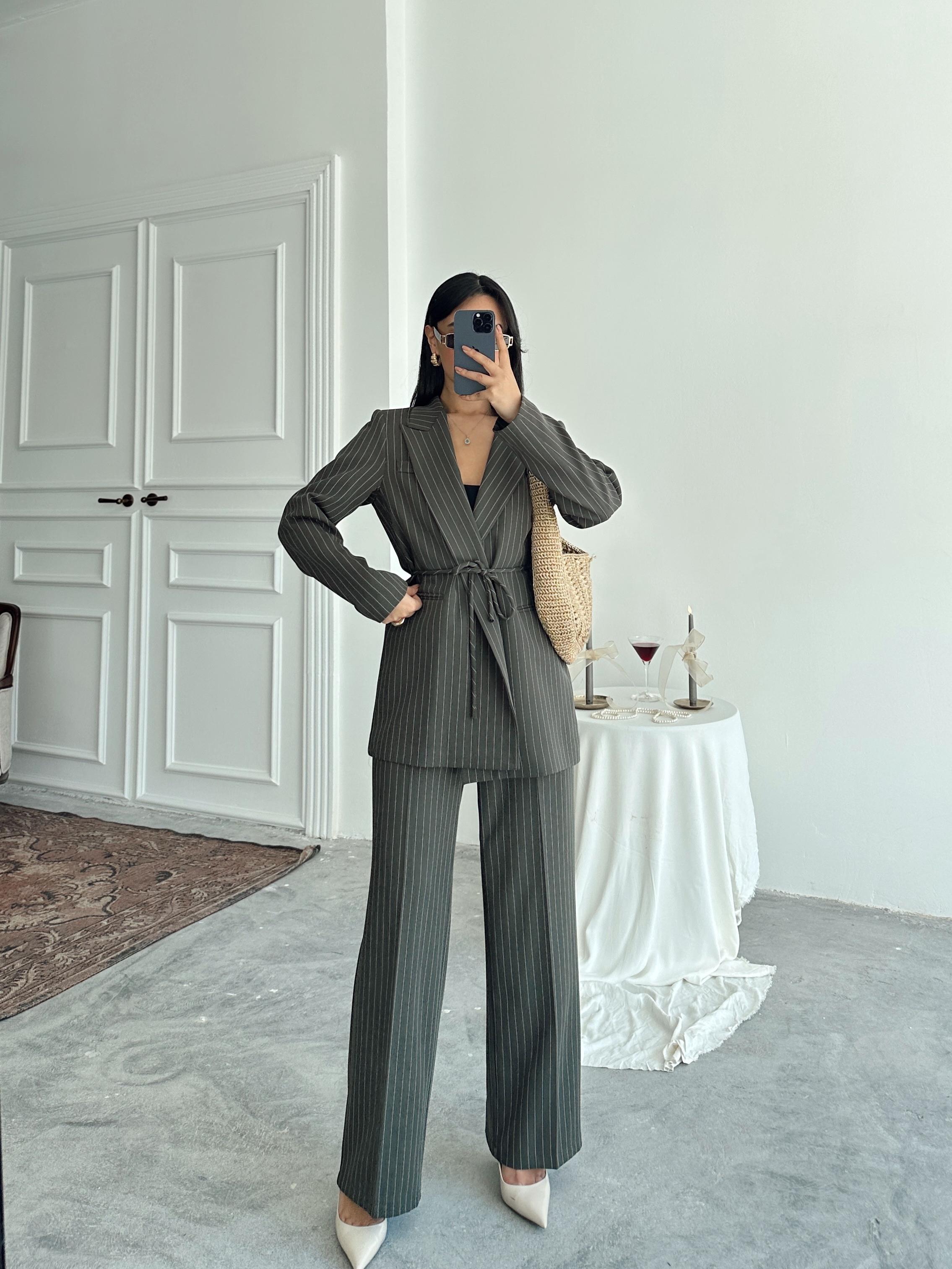 Bel Bağlama Line Blazer Ceket - Haki Yeşil