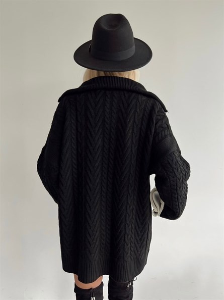 Fermuar Yaka Örgü Oversize Kazak Siyah