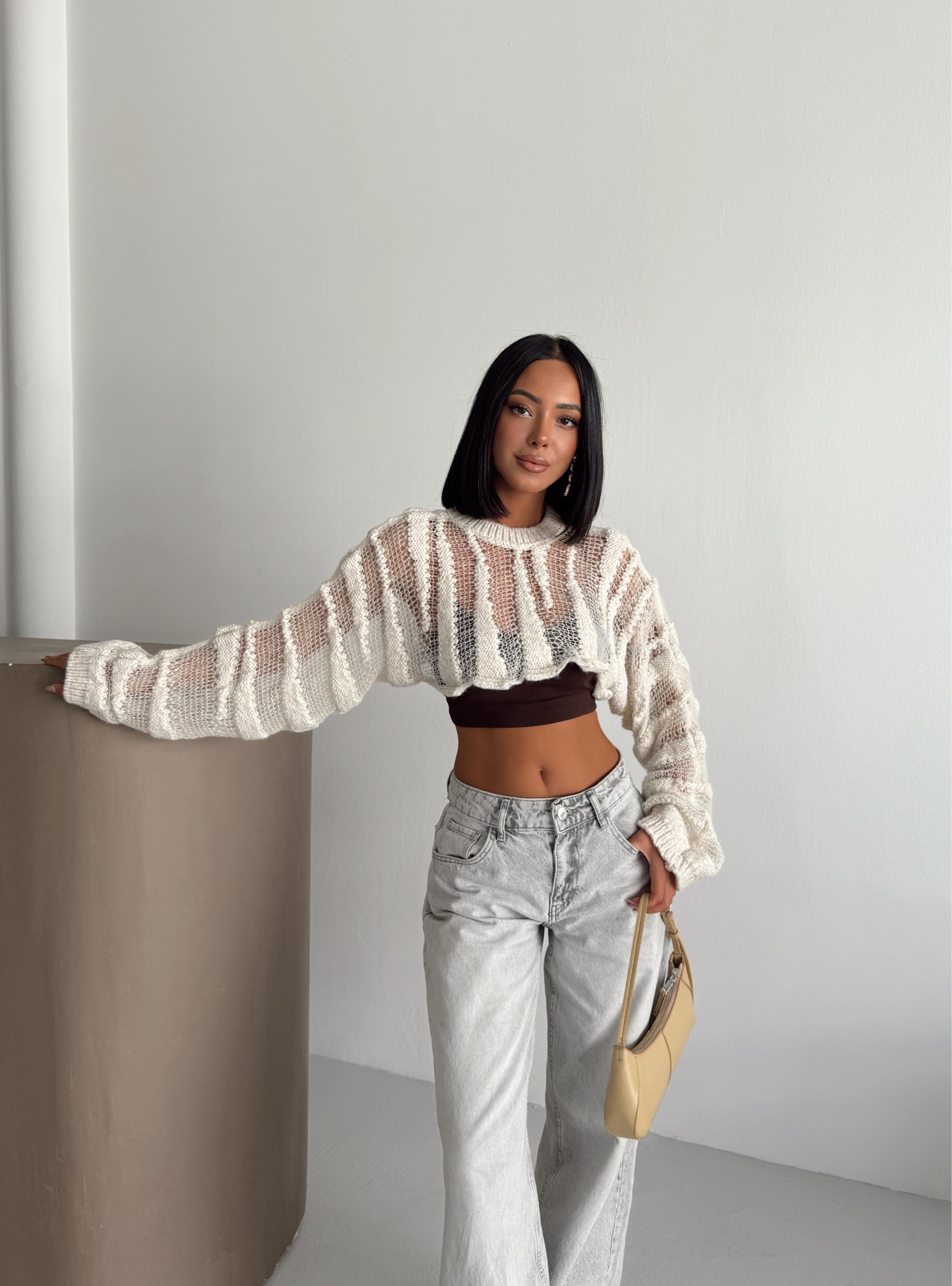 Ajurlu Crop Triko - Krem
