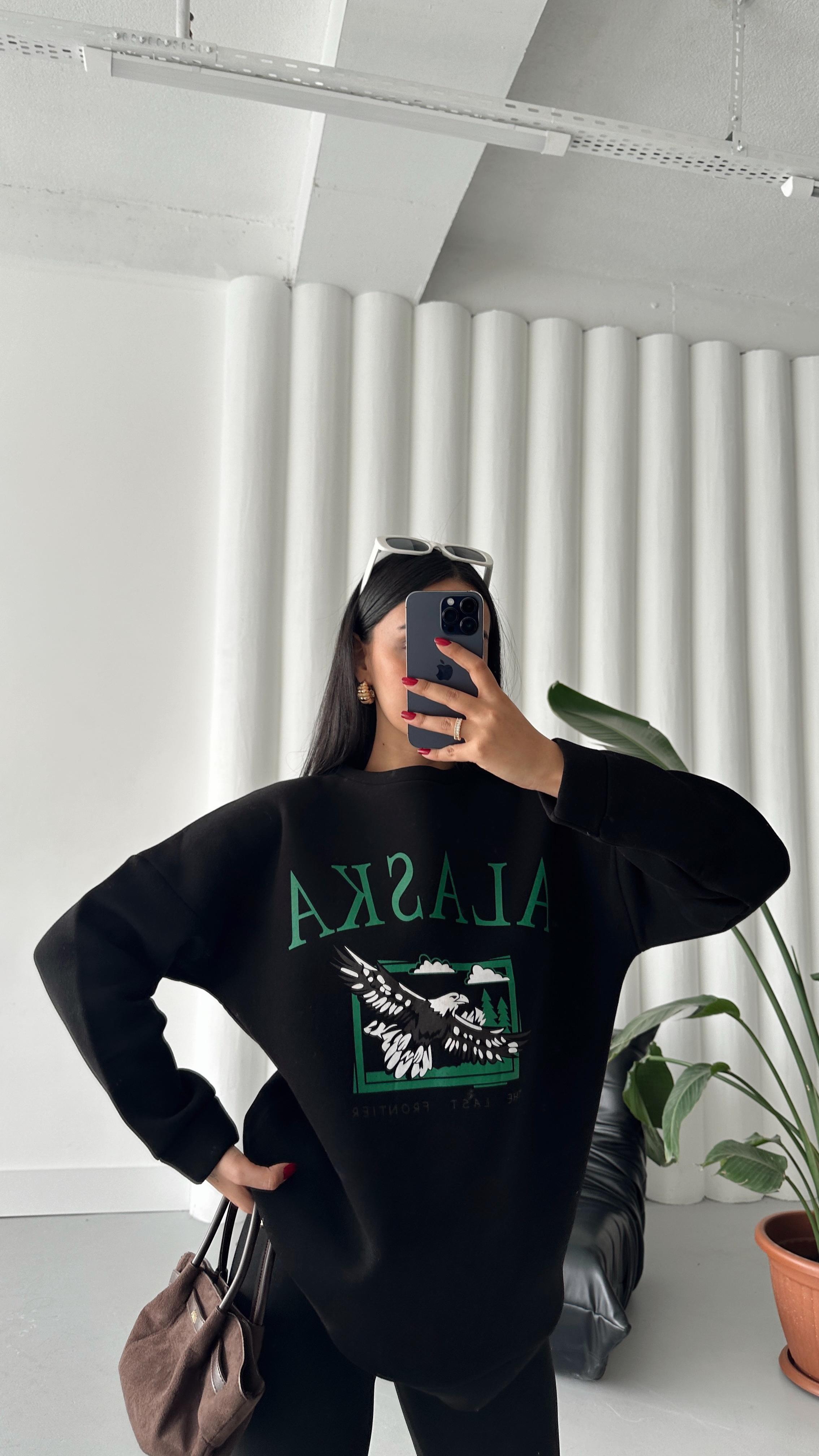 Alaska Üç İplik Şardonlu Oversize Sweat Siyah