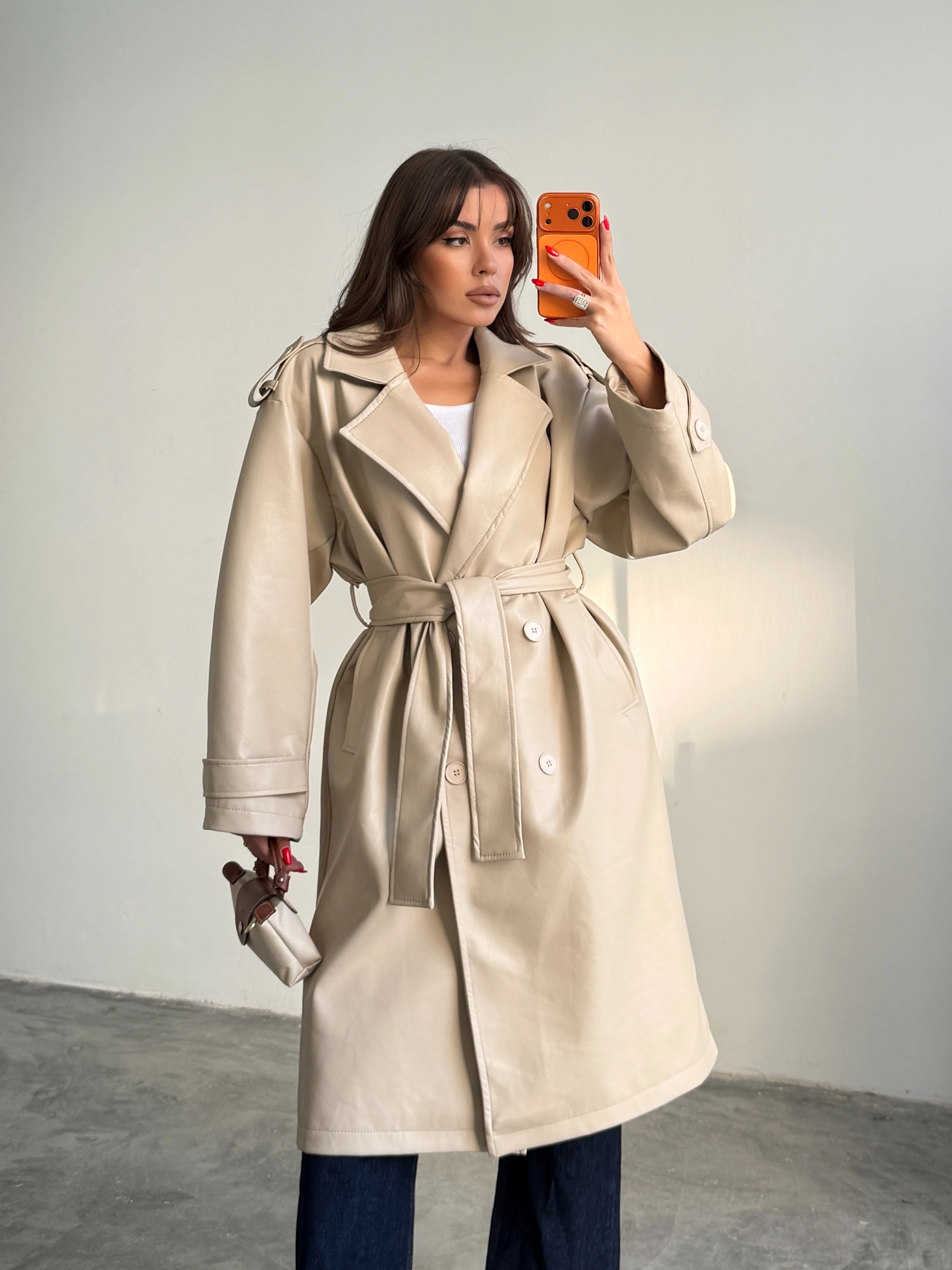 Apolet Detaylı Deri Trençkot - Taş