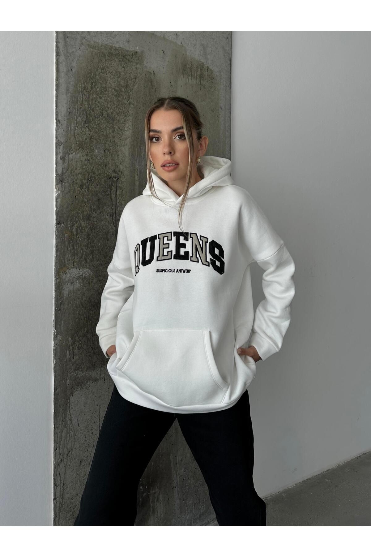 Queens Üç İplik Kapüşonlu Oversize Sweat Beyaz