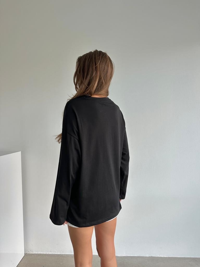 Pamuklu Uzun Kollu Oversize Tshirt Siyah