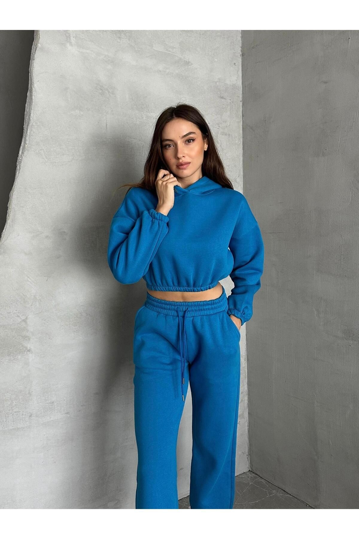 Kapüşonlu Crop Sweat Jogger Eşofman Takım Saks Mavi