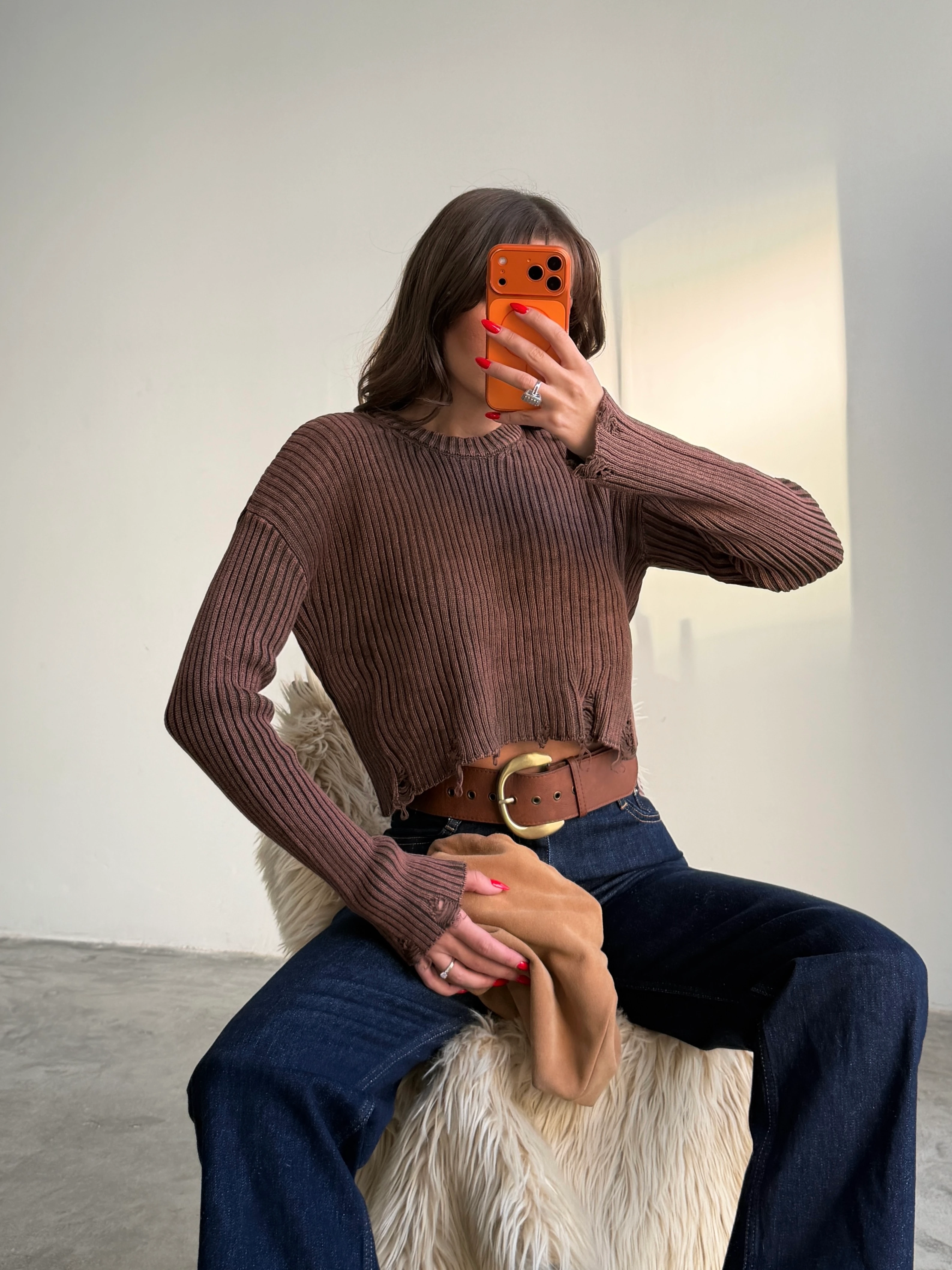 Yırtık Detay Crop Triko  - Acı kahve