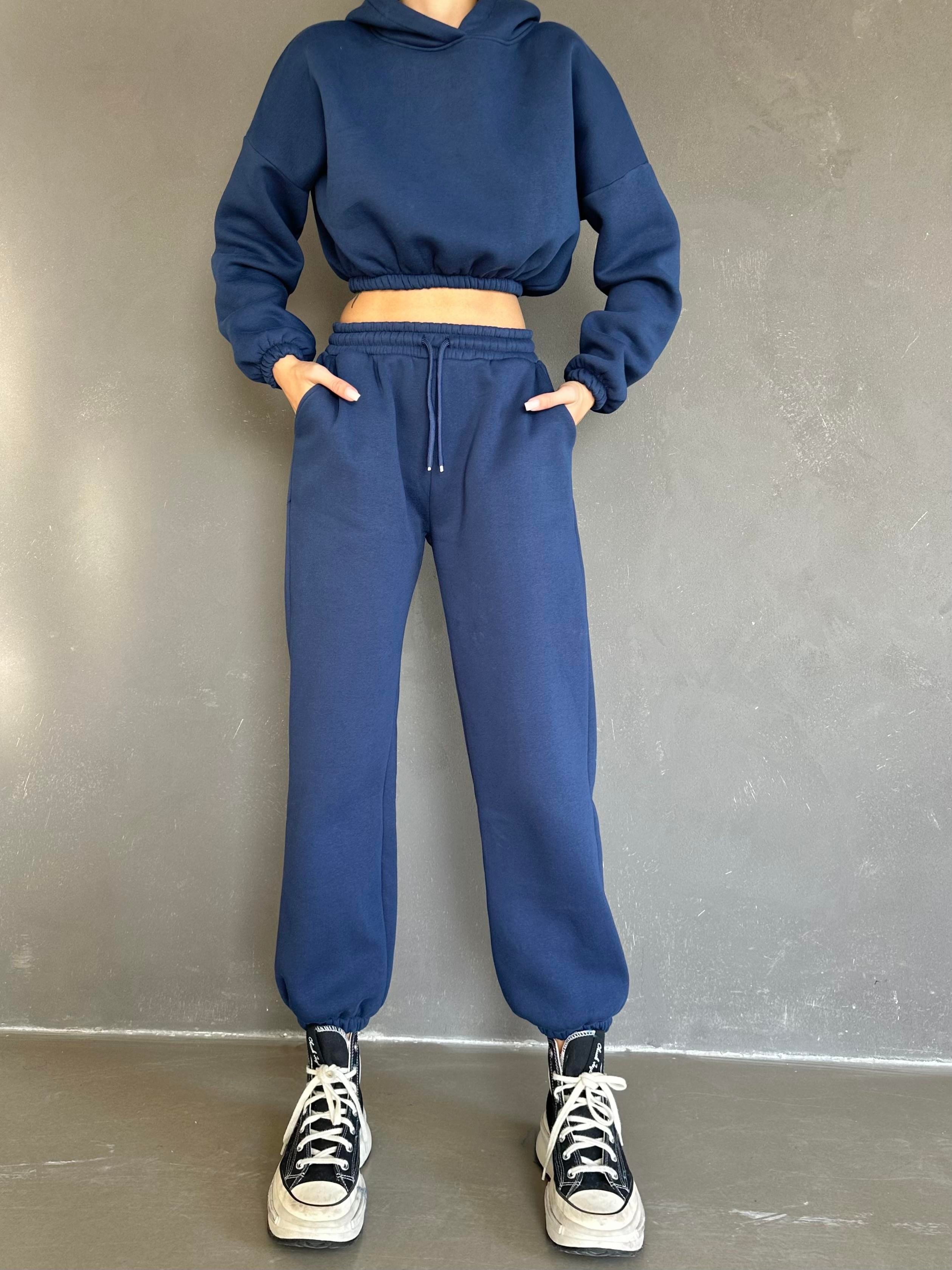 Kapüşonlu Crop Sweat Jogger Eşofman Takım Lacivert