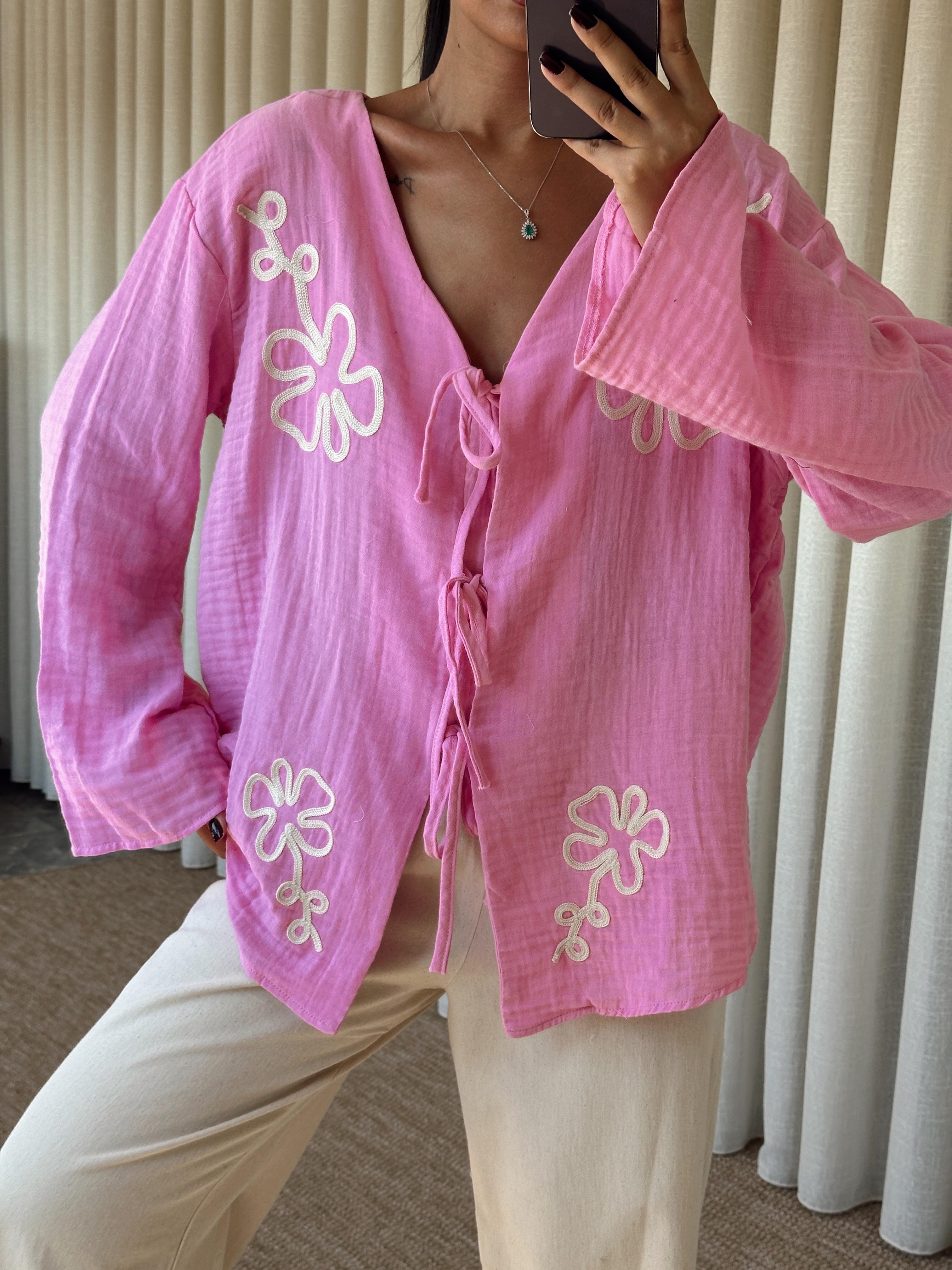 Nakışlı Kimono Takım  - Pembe
