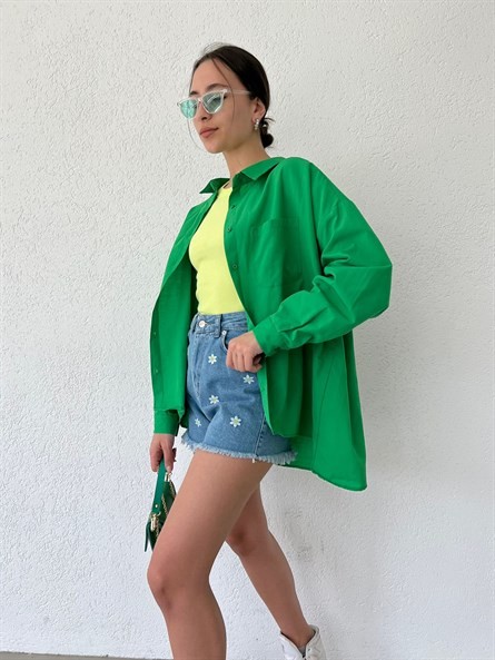 Balon Kol Oversize Poplin Gömlek Yeşil