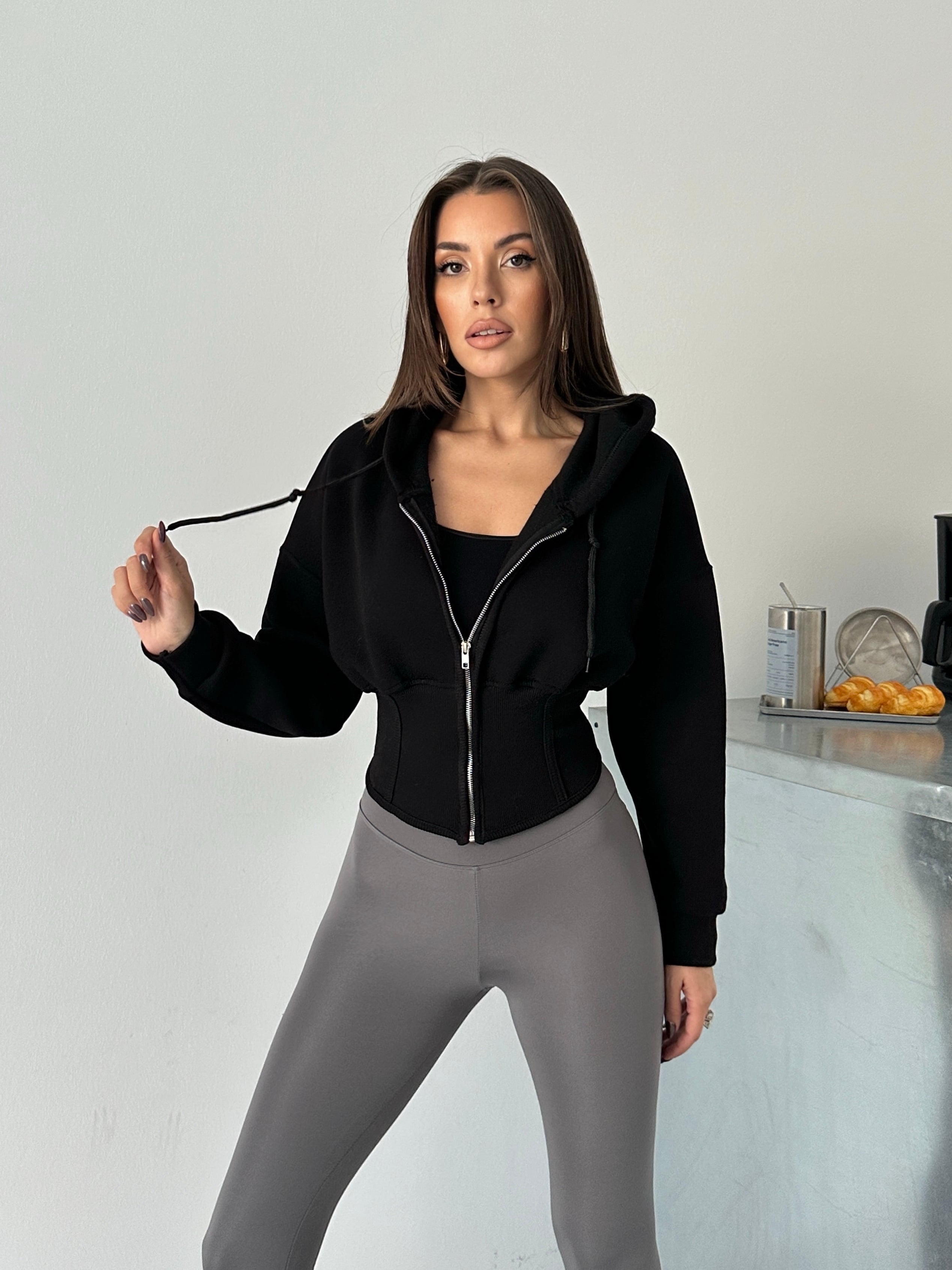 Korse Manşet Fermuarlı Sweat Hırka - Siyah