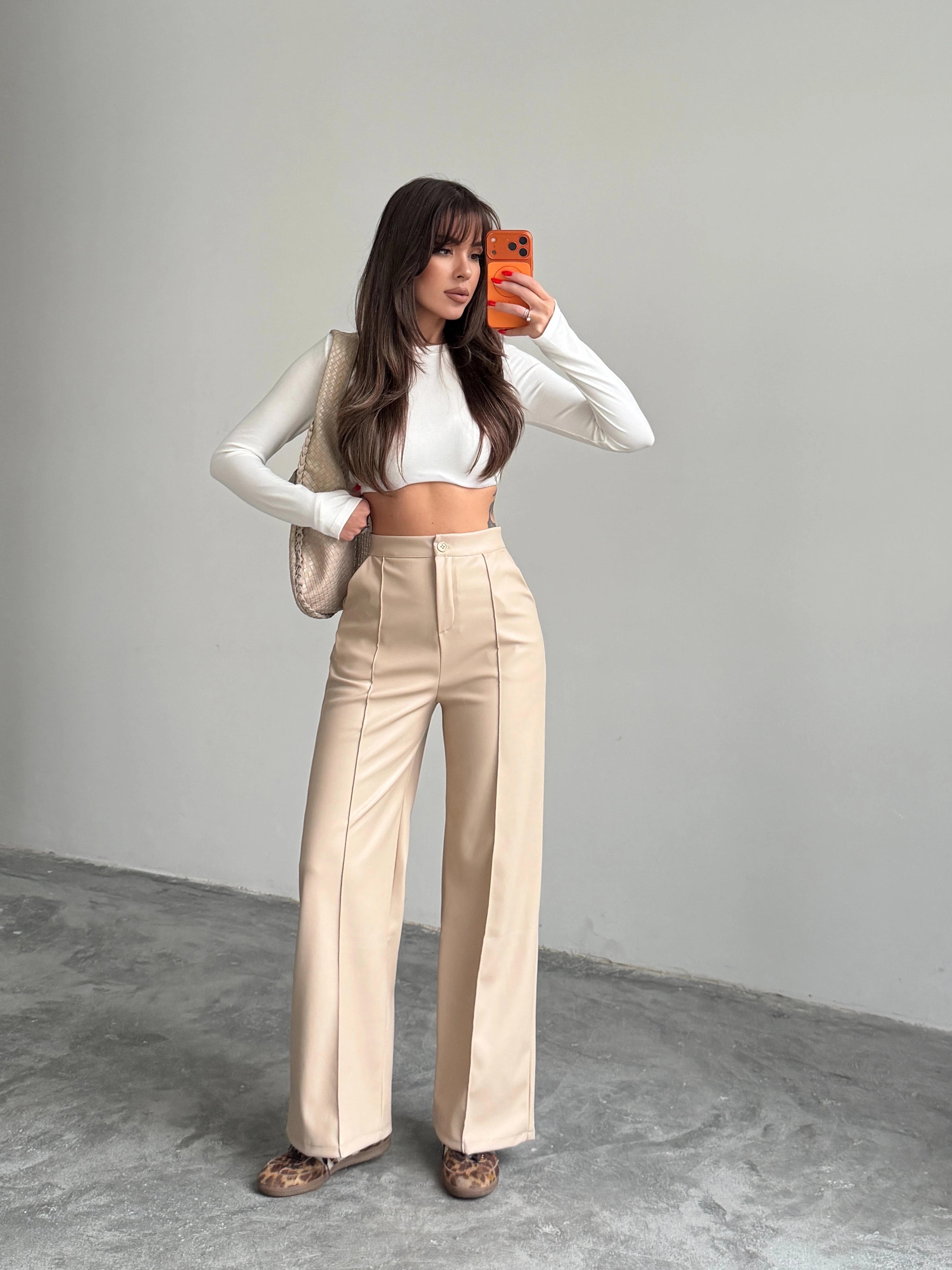 Çımalı Deri Palazzo Pantolon  - Taş