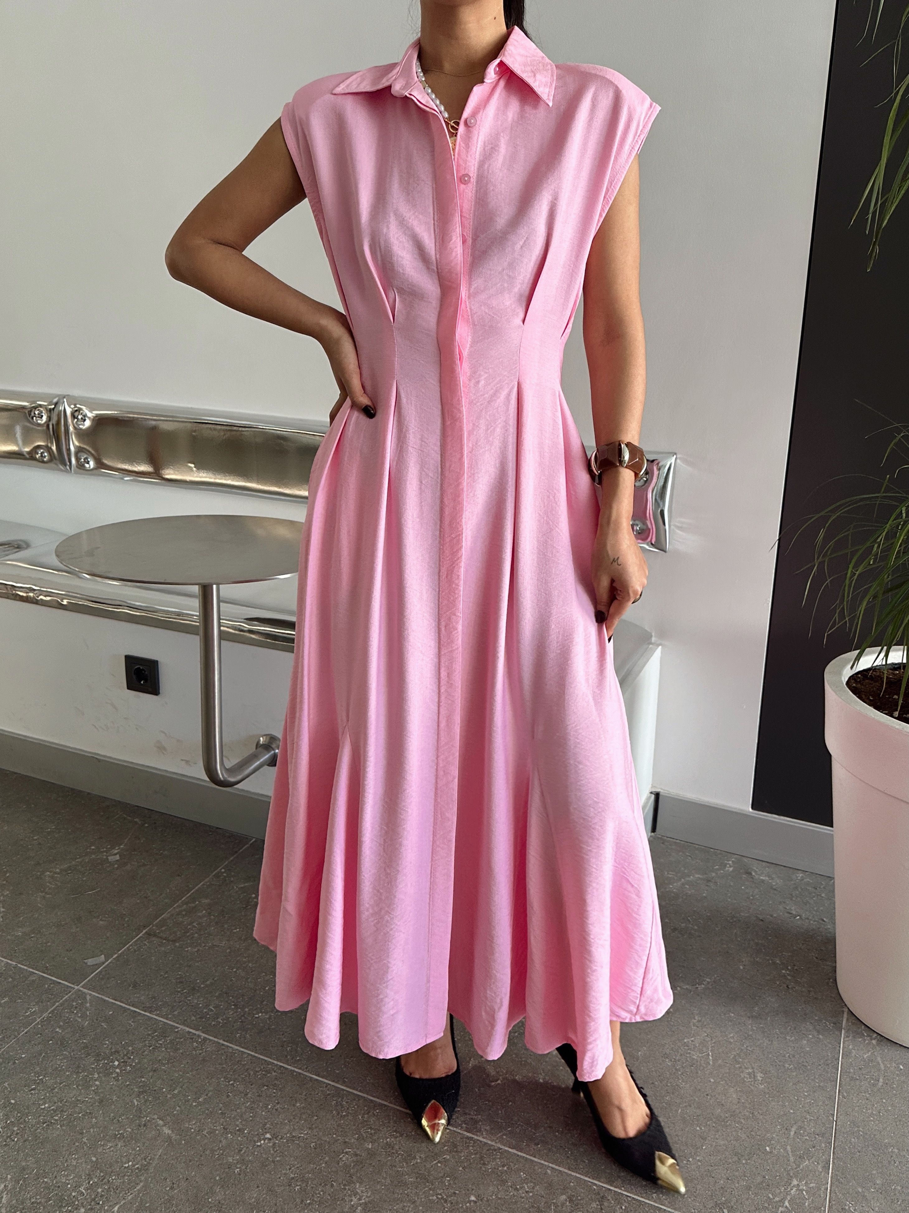 Pileli Vatkalı Elbise - Pembe