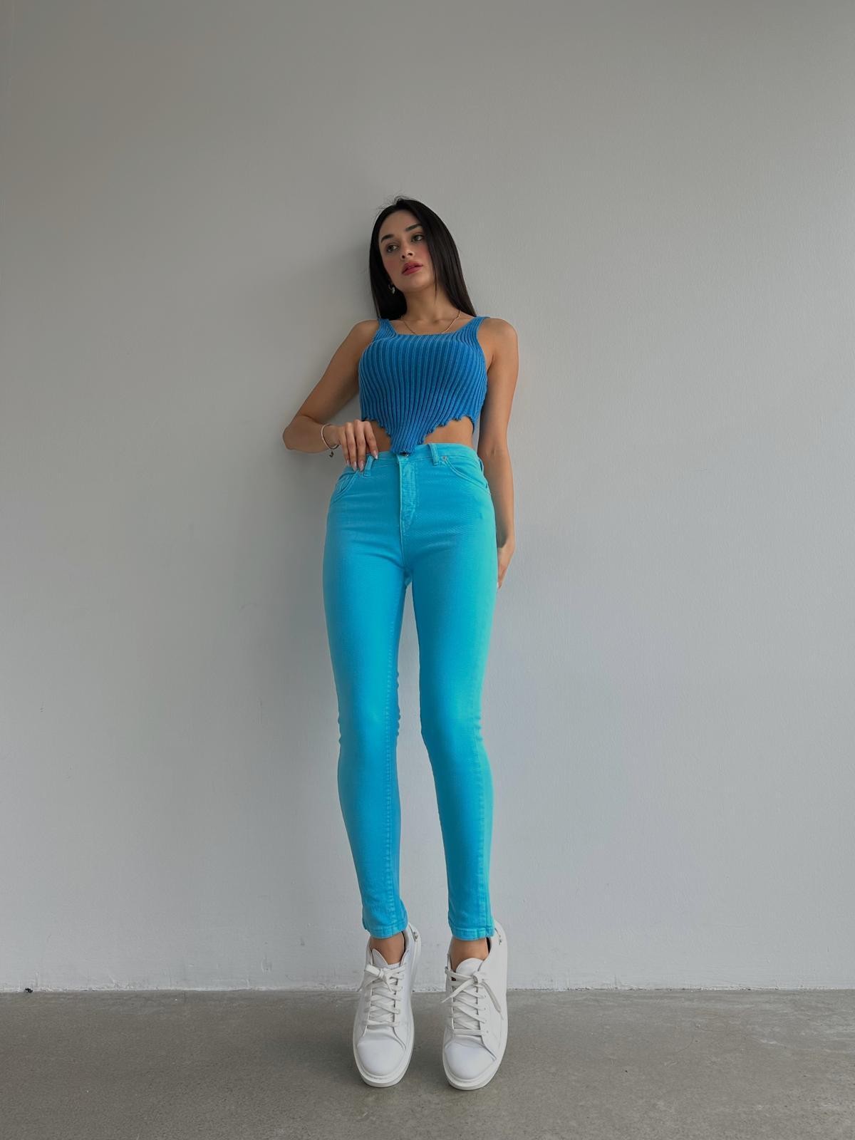 Renkli Yüksek Bel Likralı Skinny Jean Mavi