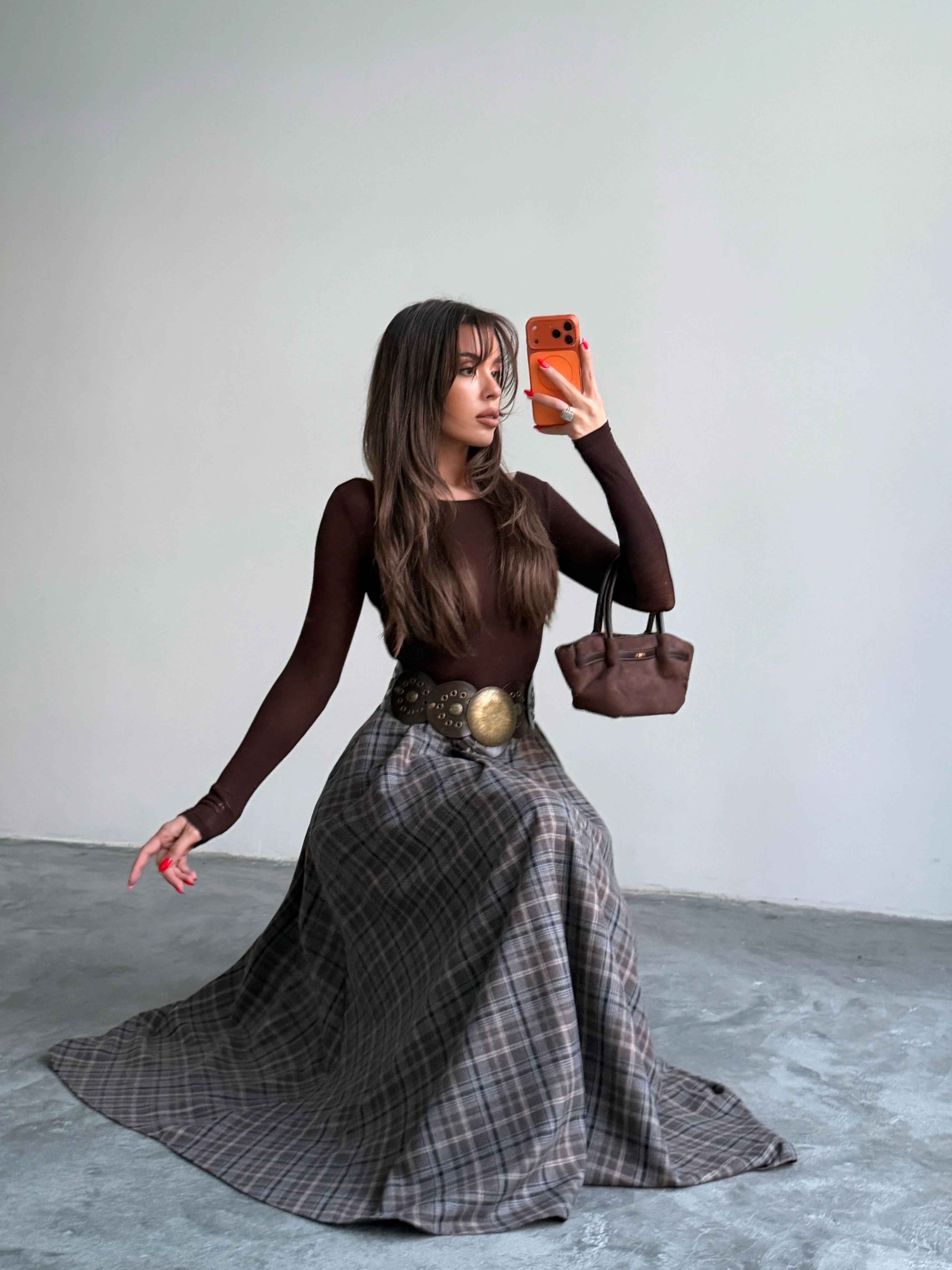 Pile Detaylı Ekose Kloş Etek - Kahve