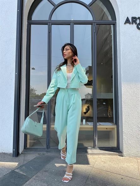 Çift Düğme Crop Blazer Ceket Su Yeşili