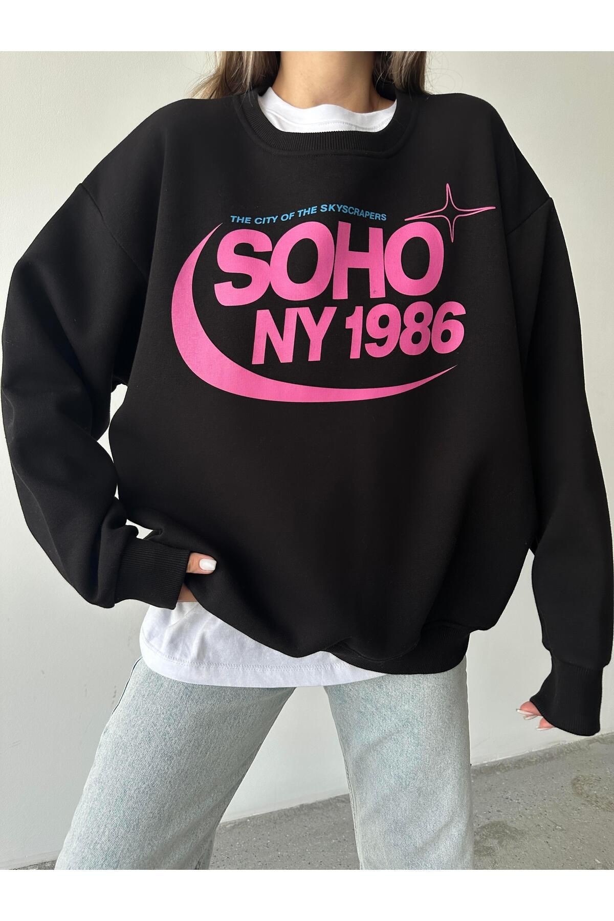 Soho Baskı Bisiklet Yaka Sweat Siyah