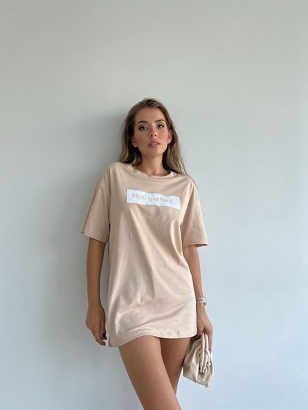 Not Perfect İşleme Oversize Basic Taş-Beyaz