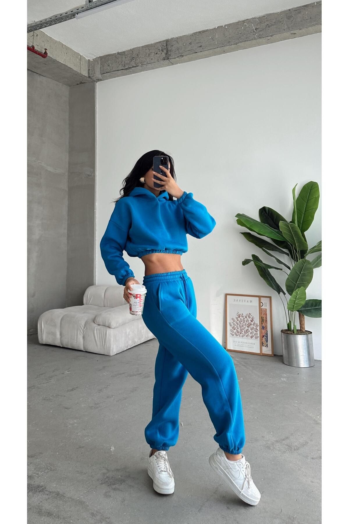 Kapüşonlu Crop Sweat Jogger Eşofman Takım Saks Mavi