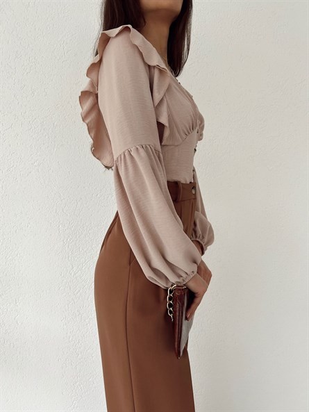 Güpür Detay Volanlı Retro Gömlek Taş