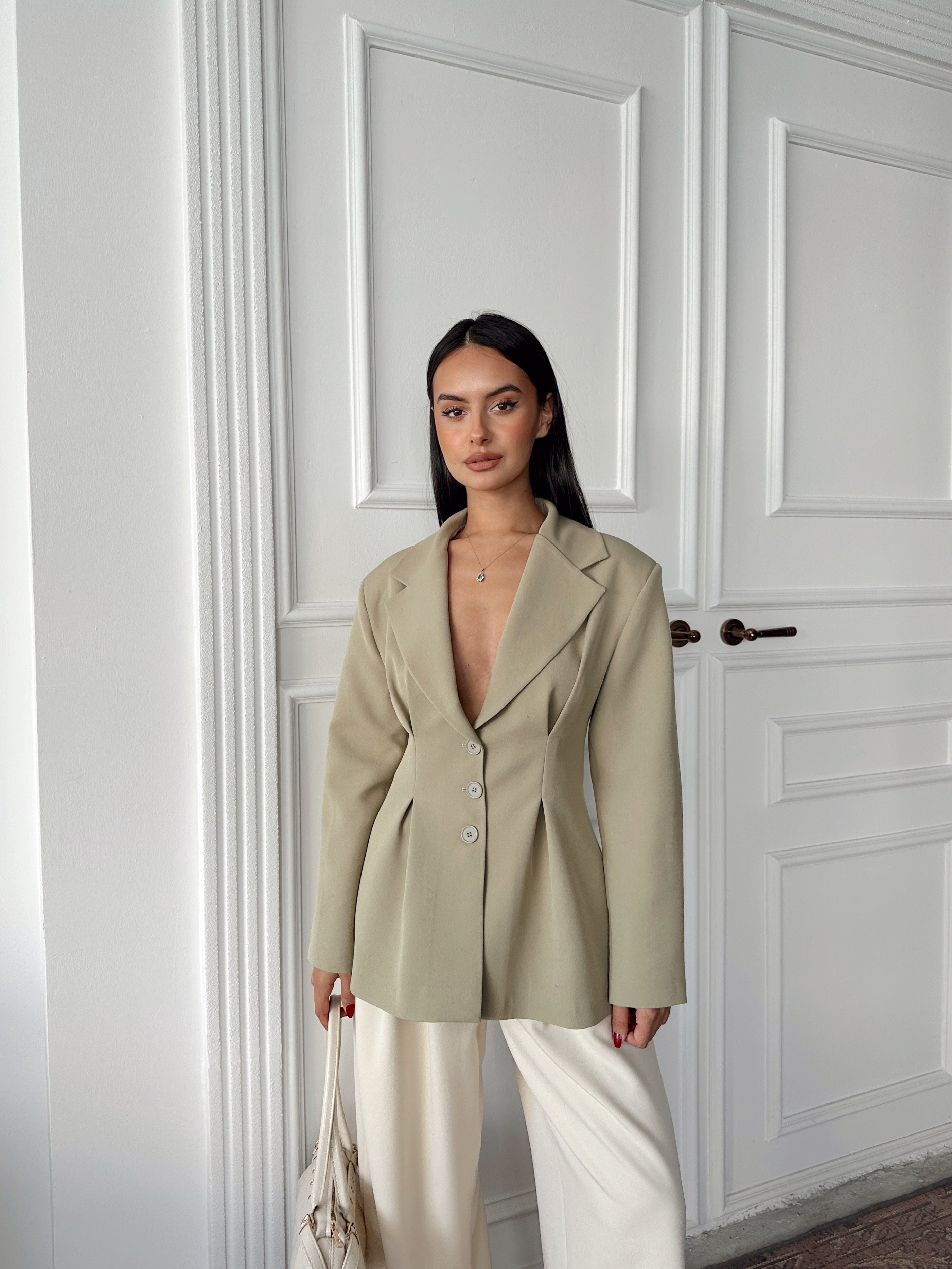 Pile Detay Oturtmalı Blazer Ceket  - Çağla Yeşili