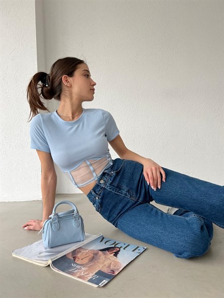 Transparan Korse Detay Basic Bluz Bebe Mavi
