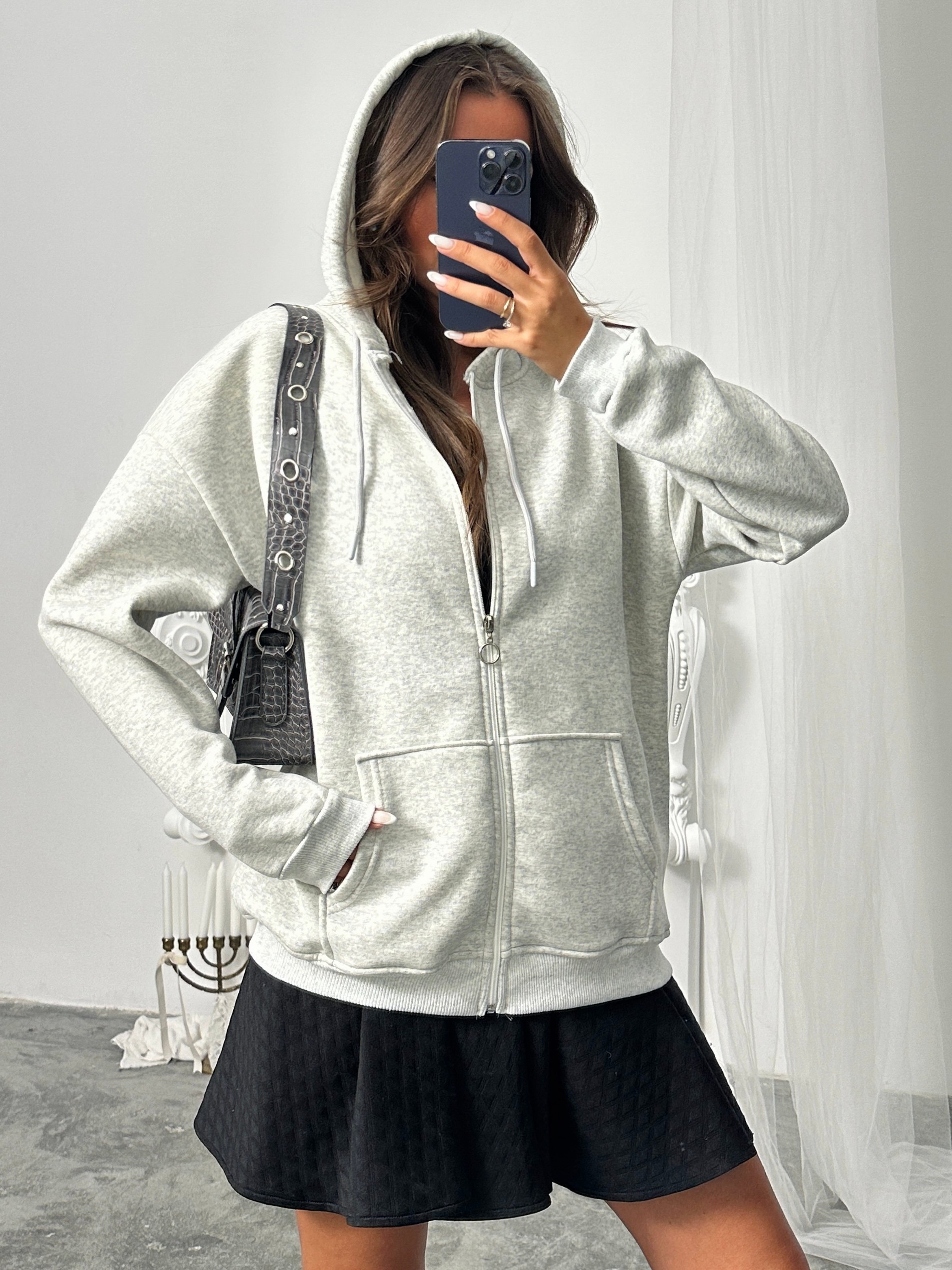 Fermuarlı Kapüşonlu Sweat Hırka - Gri