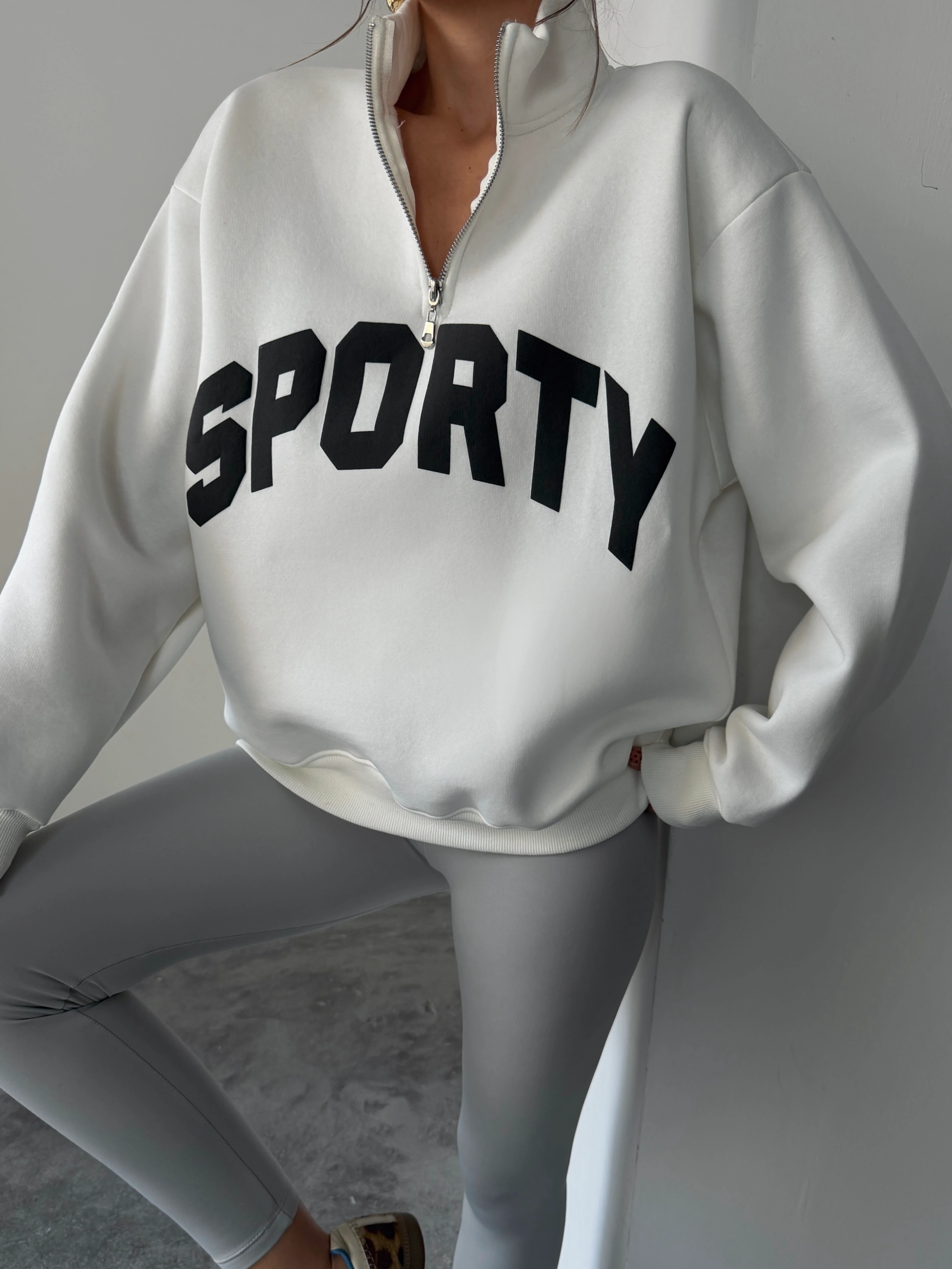 Sporty Yarım Fermuar Sweat - Ekru
