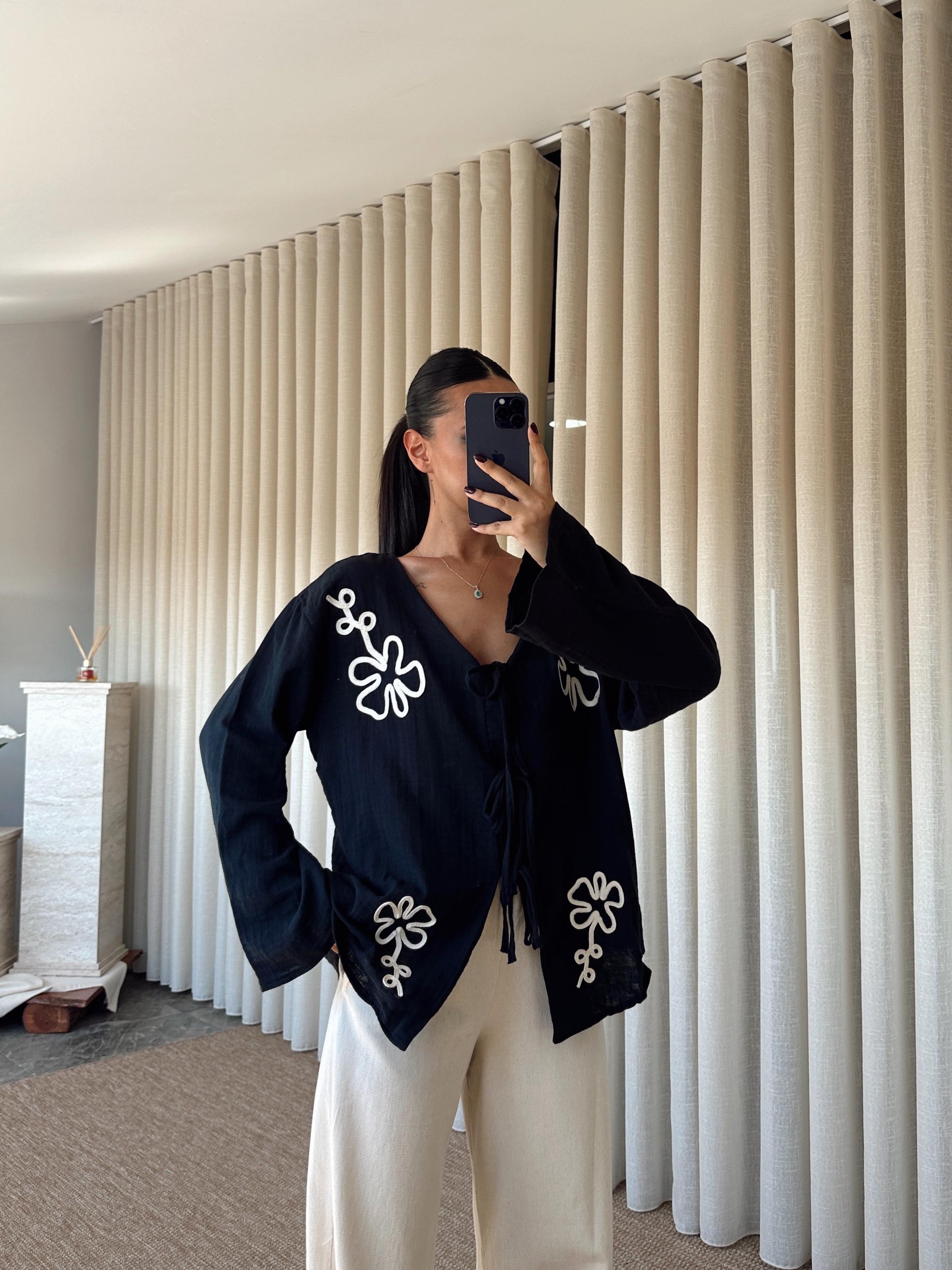 Nakışlı Kimono Takım  - Siyah