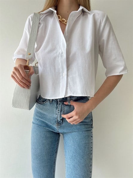 Crop Poplin Gömlek Beyaz