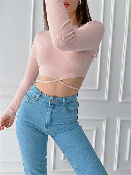 Bel İp Detay Fitilli Bluz Pudra Pembe