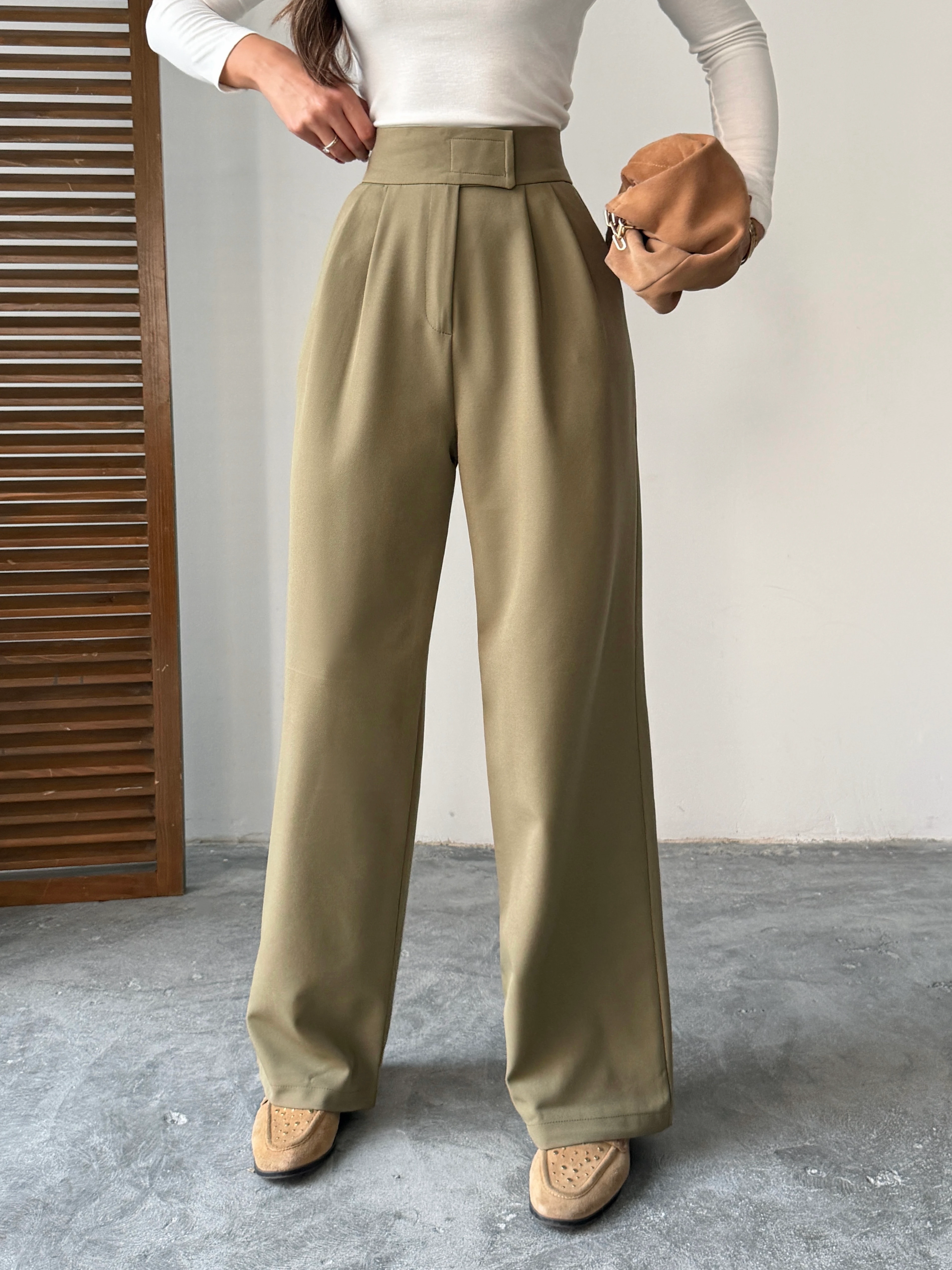 Bel Cırtlı Palazzo Pantolon  - Haki