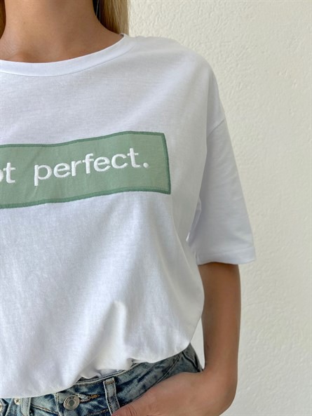 Not Perfect İşleme Oversize Basic Beyaz Mint