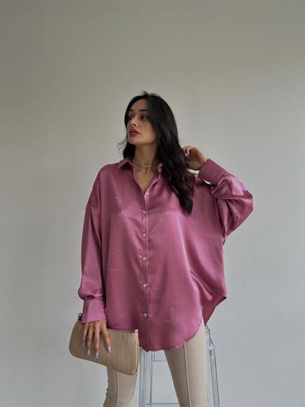 Oversize Saten Gömlek Pembe