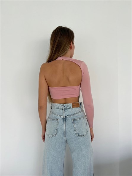 Tek Kol Detay Sandy Crop Pudra Pembe