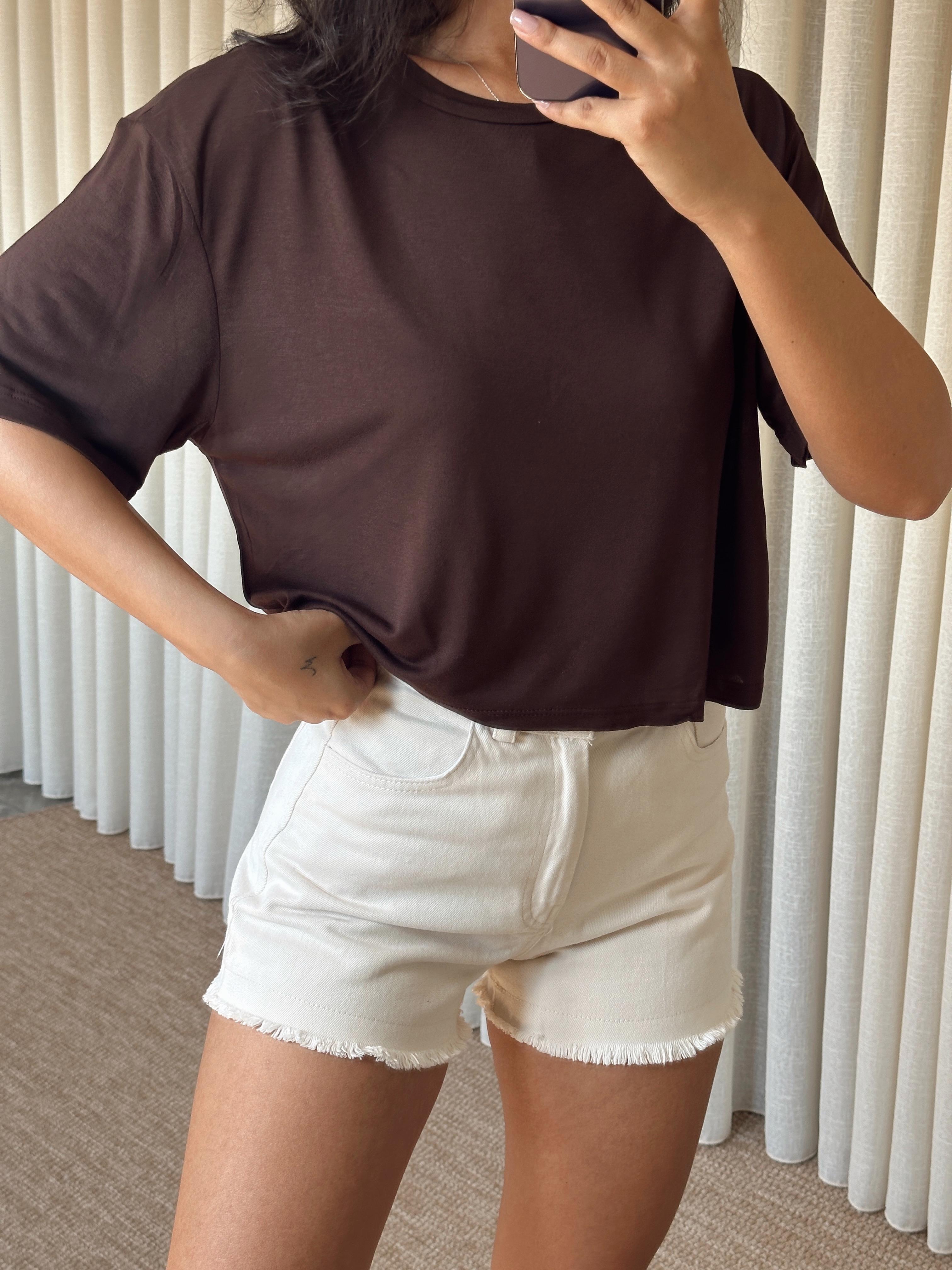 Düz Kısa Kol Crop Basic - Kahve