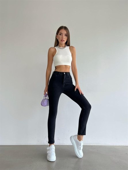Yüksek Bel Likralı Skinny Jean Siyah