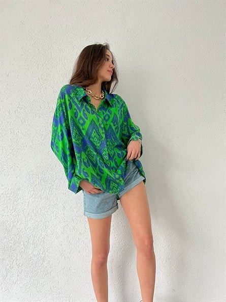 Etnik Desen Pamuklu Oversize Gömlek Yeşil-Mavi
