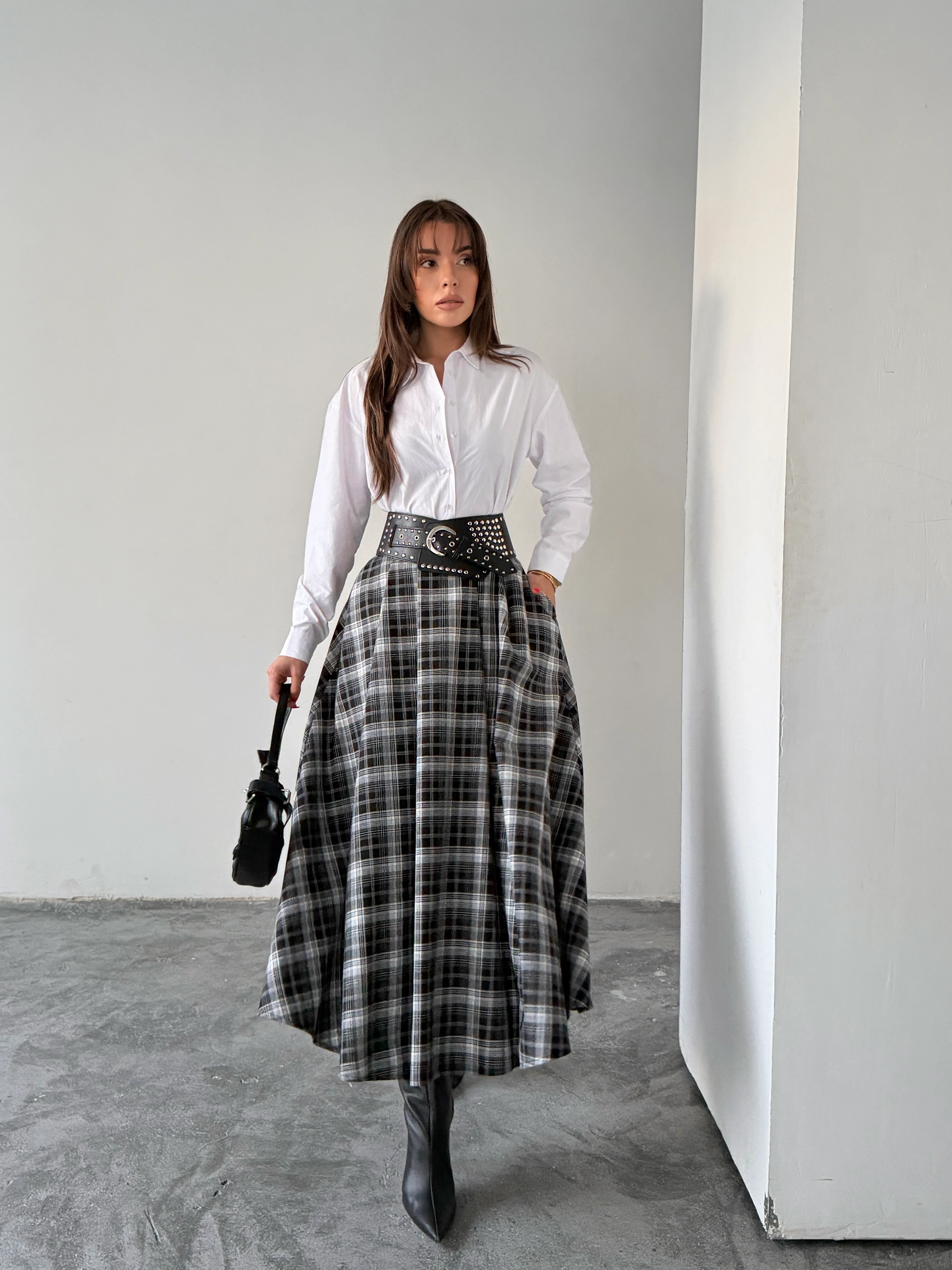 Pile Detaylı Ekose Kloş Etek