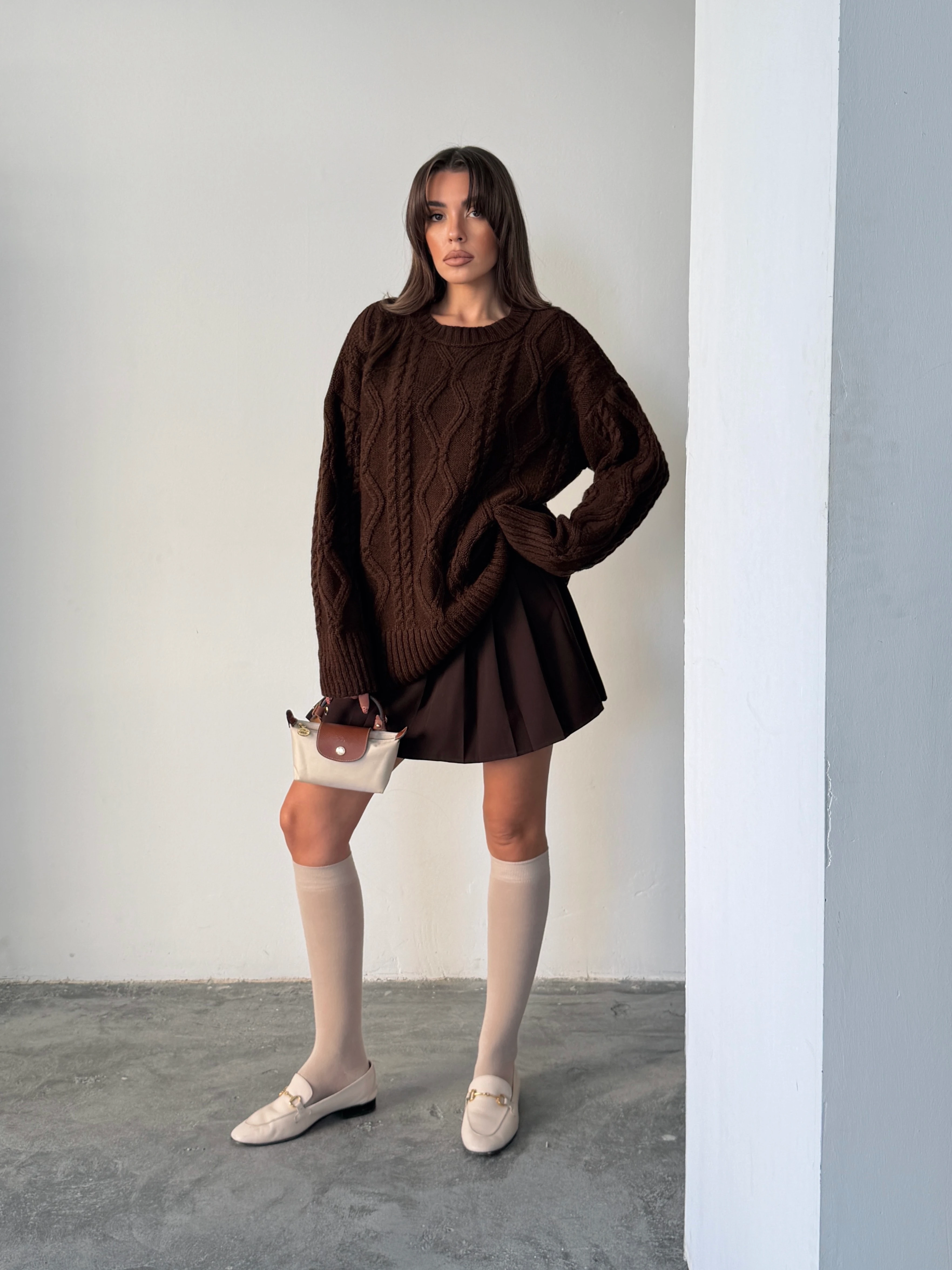 Saç Örgü Desenli Yıkamalı Triko - Acı kahve