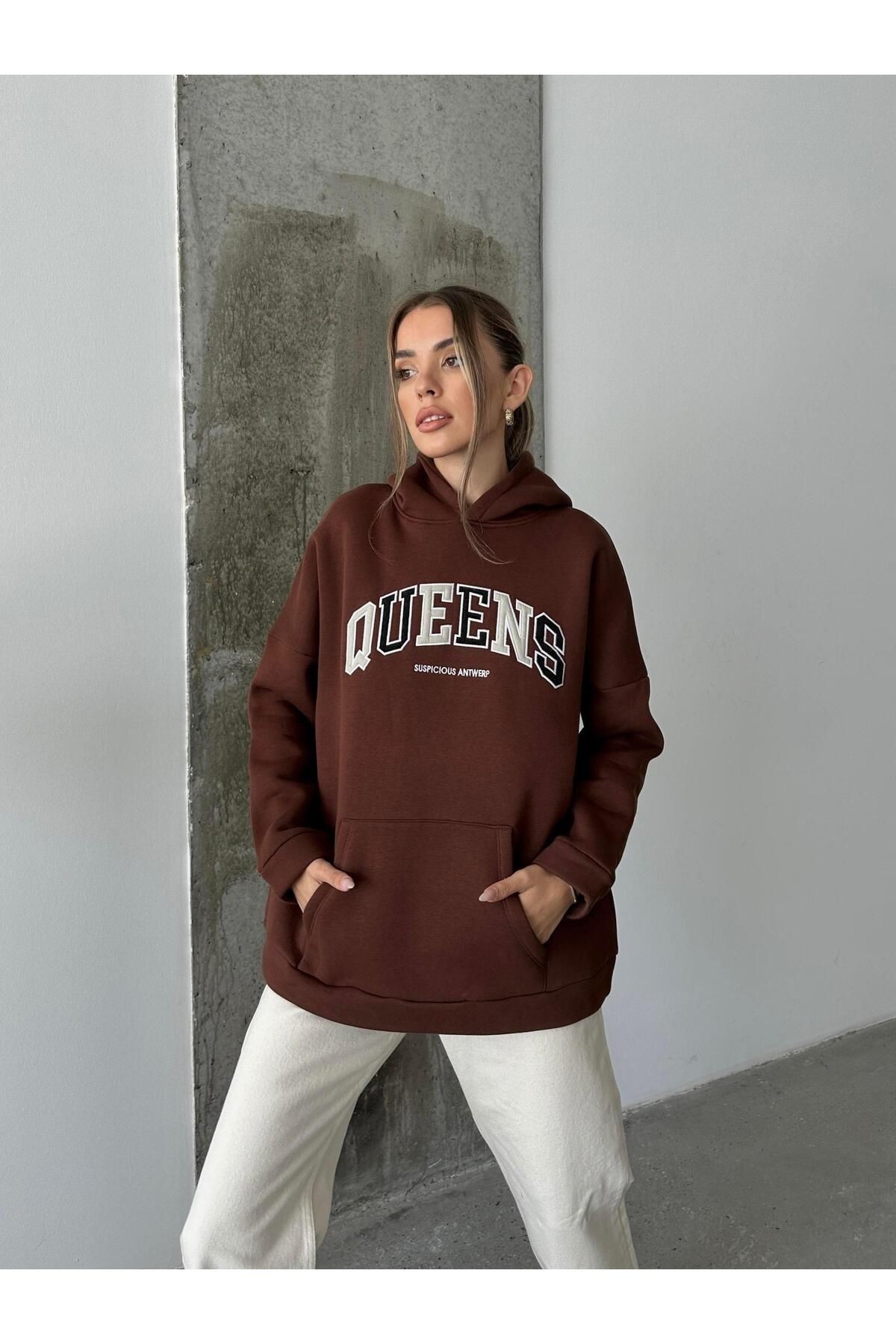 Queens Üç İplik Kapüşonlu Oversize Sweat Kahverengi