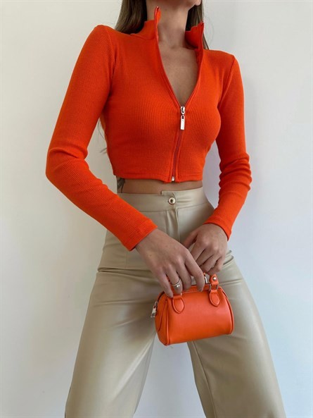 Fermuarlı Dik Yaka Fitilli Crop Bluz Turuncu