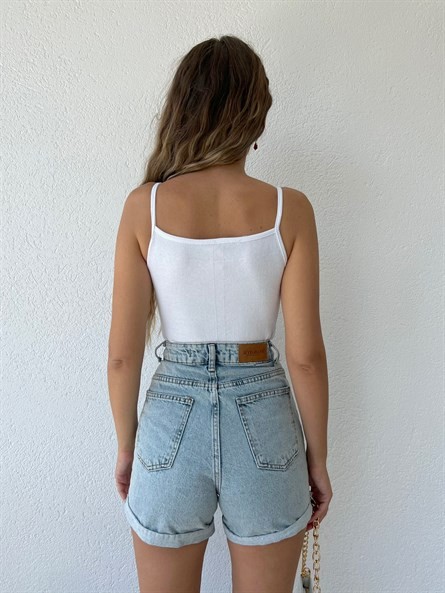 Dantel Detay Askılı Crop Bluz Beyaz