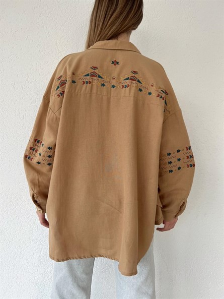 Etnik Nakışlı Oversize Gömlek Vizon