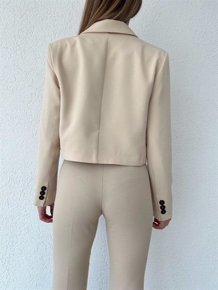 Düğmeli Kruvaze Crop Blazer Ceket Taş